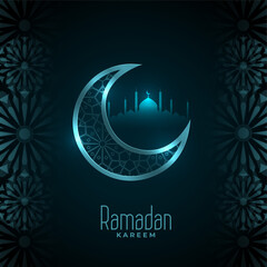 shiny ramadan kareem moon and mosque card design - obrazy, fototapety, plakaty