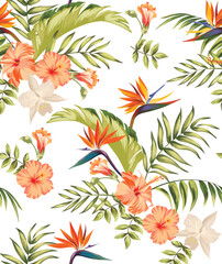 Seamless tropical pattern with palm leaves and hibiscus flowers. Botanical background.