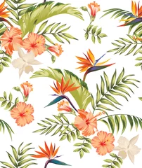  Seamless tropical pattern with palm leaves and hibiscus flowers. Botanical background. © Logunova  Elena