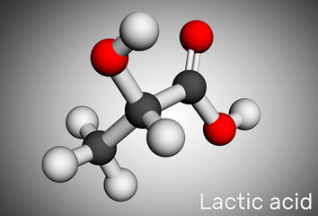 Lactic acid, lactate, milk sugar, C3H6O3 molecule. It is food additive E270 and alpha-hydroxy acid AHA. Molecular model. 3D rendering