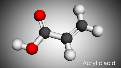 Acrylic acid, propenoic acid molecule. It is unsaturated monocarboxylic acid. Molecular model. 3D rendering