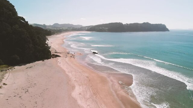 Hot Water Beach in Hahei, New Zealand. Aerial view on a beautiful sunny day