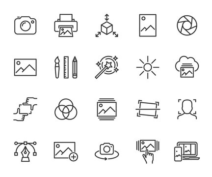 Vector set of image line icons. Contains icons photo, vector image, print, gallery images, filters, sync images, focus and more. Pixel perfect.