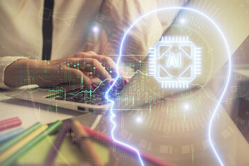 Multi exposure of woman hands working on computer and human brain hologram drawing. Ai tech concept.
