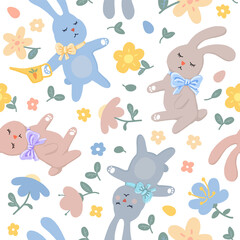 vector seamless pattern. cute spring cartoon gardeners bunnies, plants and flowers. Happy Easter. flat illustration. for baby clothes, fabrics, bed linen, wallpaper, wrapping paper
