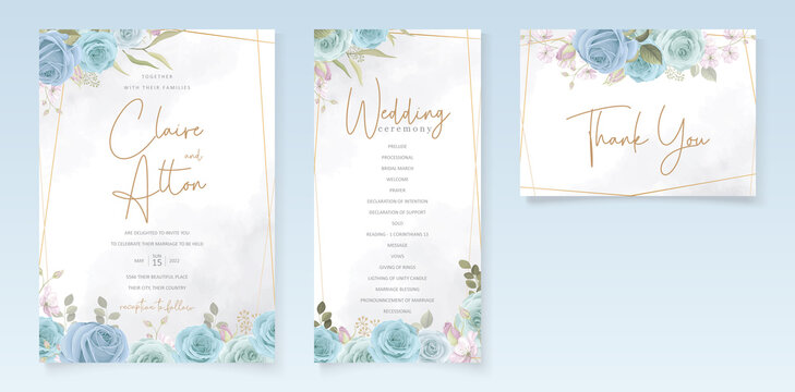 Elegant wedding card design with blue flowers