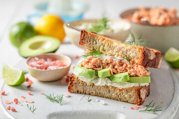 Homemade sandwich with avocado, salmon and dill for fresh lunch.