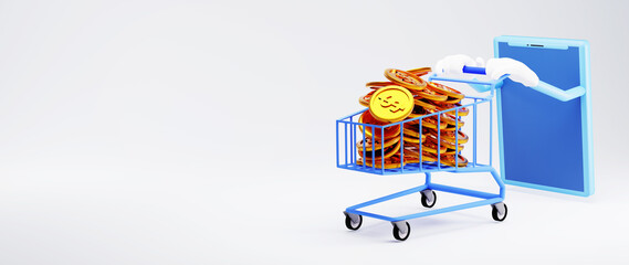 3D render of mobile shopping and golden coins. Shopping online and e-commerce on web business concept. Secure online payment transaction with smartphone.