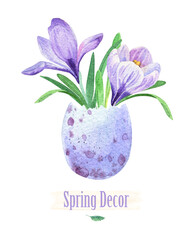 Flowers in an eggshell. Spring crocus. Watercolor vase egg. Easter decor