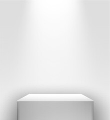 Vector 3d realistic white presentation stand with spot light in front of a white wall.
