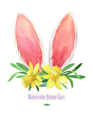 Pink bunny ears. Watercolor Easter floral decor. Yellow narcissus flower