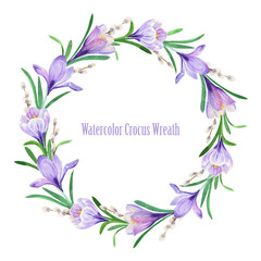 Spring watercolor wreath. Purple crocus frame with willow twigs