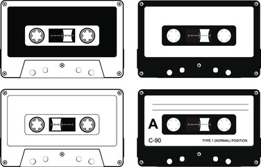 Set of plastic cassette, audio tape, retro vector illustration.