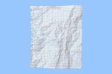 Torn and crumpled sheet of white paper from a student notebook on a blue background