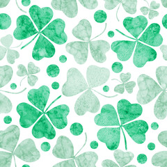 Green clover seamless pattern. Abstract watercolor background.