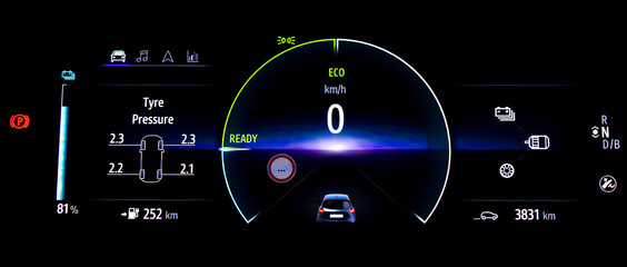 TPMS (Tyre Pressure Monitoring System) monitoring display on electronic instrument cluster....