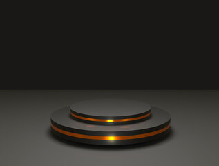 Empty podium or pedestal display scene on black background with cylinder stand concept. Blank minimal product shelf standing backdrop. Stage platform showcase, product, sale, banner, cosmetic. 3D rend