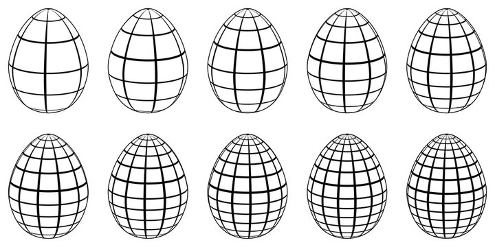 Set of 3d eggs with horizontal and vertical lines, meridians and parallels, vector 3d eggs stylized as globe