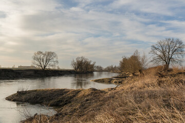 landscape, riverside, sunset, beautiful cloudy sky