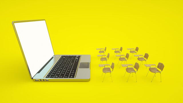 E-learning online education concept. School desks and laptop. Home quarantine distance learning. 3d illustration