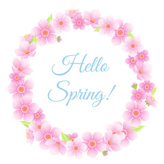 Hello spring banner, сard. Wreath of pink cherry flowers Isolated on white background. Round garland of blossoming sakura and delicate green leaves. Vector floral cartoon illustration. 