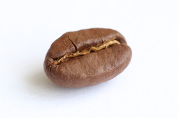 One grain of aromatic divine coffee on a light background close-up.