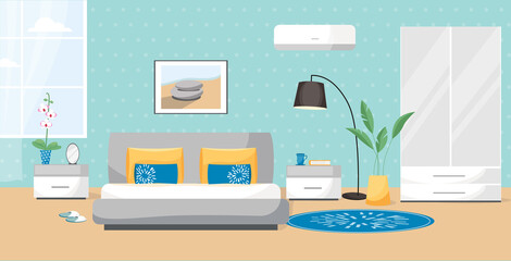 Fototapeta premium Big set vector illustration of a bedroom. The interior is painted in flat style. Cozy room with a bed, bedside tables, wardrobe, flowers, paintings on the wall, air conditioning