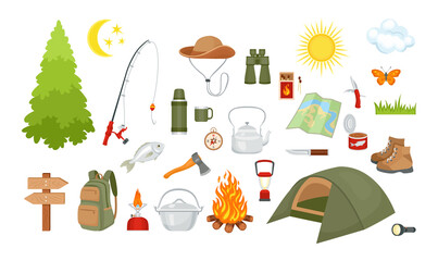 Camping set. Collection of vector illustrations with elements and equipment for hiking isolated on white background.  Outdoor activity. Tourism icons in cartoon flat style. 