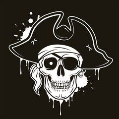 Fototapeta premium Pirate skull with eye patch, hat, bandana, glowing eye. Vector hand drawn cartoon illustration isolated on black background