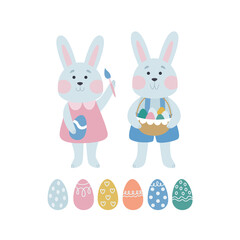 Happy Easter. A collection of vector illustrations with Easter bunnies and colored eggs. Cute holiday design for sticker, postcard, decor in delicate colors