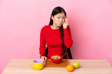 Young Chinese girl  having breakfast in a table thinking an idea