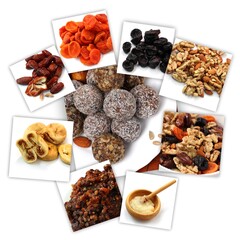 Healthy energy candies made from dried fruits and nuts . Raw vegan candy. Dried fruits. Recipe for making homemade sweets with nuts. Set of ingredients
