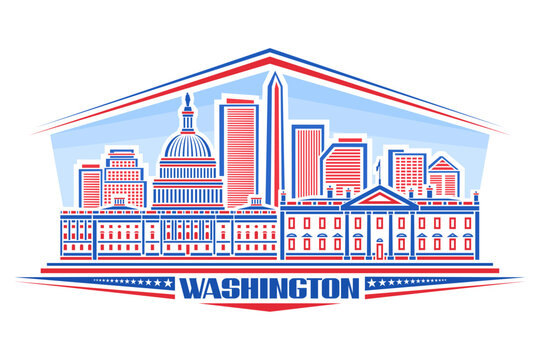 recommend clip art: Vector illustration of Washington, horizontal poster with outline design washington city scape on day background, line art concept with unique font for word washington and decorative stars in a row.