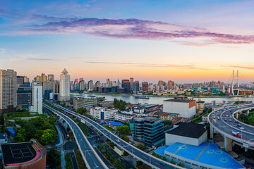 Fototapeta na wymiar Aerial view of modern city skyline and buildings at dusk in Shanghai.