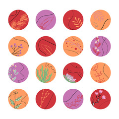 A set of round icons on the theme of nature. Drawn icons with floral elements. Social media icons.