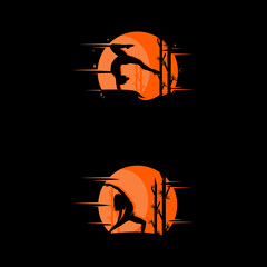 Yoga pose logo on sunset outline silhouette. vector illustration