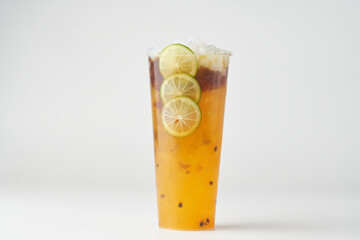 Passion fruit milk tea with white background