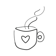 Coffee mug with a heart. Cup of coffe with a steam. Vector black and white hand drawn illustration on white background. Line art. Romantic, love. Good morning. Sketch. Tea, cappucino, espresso