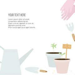 Vector banner with garden tools (watering can, flower pot, plants) and place for text on white background. Template for site, poster, web and advertising banner, article about garden, card or flyer.