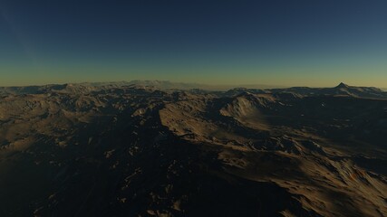 Exoplanet fantastic landscape. Beautiful views of the mountains and sky with unexplored planets. 3D illustration