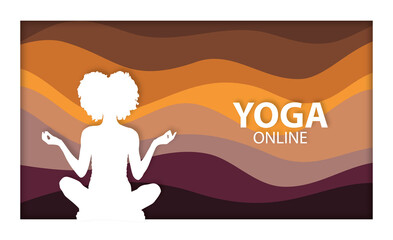 Yoga online banner, papercut woman afro hairstyle silhouette vector doing  lotus pose, colorful wave wallpaper