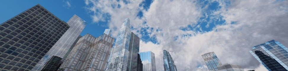 Streets of a modern city, panorama of skyscrapers against the sky, high-rise buildings, 3D rendering