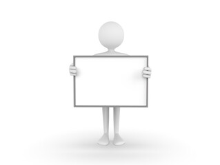 3D illustration of cartoon man holding a blank white board