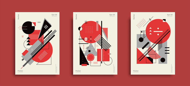 Modern geometric poster set. Red color and dynamic futuristic cover for contemporary certificate and abstract flyer layout. Vector bauhaus geometric artwork with circle and triangle. Vector poster set