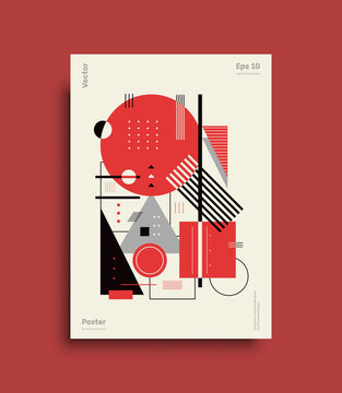 Modern geometric poster design. Red color and dynamic futuristic cover for contemporary certificate and abstract flyer layout. Vector bauhaus geometric artwork with circle and triangle. Vector poster