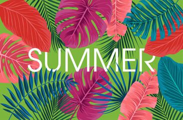 Naklejka premium Bright tropical background with jungle plants. Vector exotic pattern with palm leaves with the inscription summer.