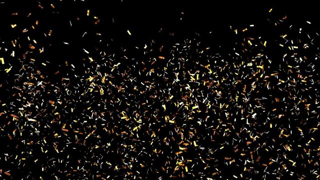 Realistic 3D animation of the golden confetti falling down rendered in UHD as PNG RGBA. RGB plus Alpha. Transparent background.