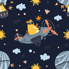 Seamless pattern bear flying on an airplane, hot air balloon. Cute cartoon Teddy bear flying in the night sky. Vector illustration. For fabric, print, textile, kids decor room, background, wallpaper