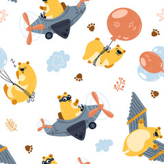 Seamless pattern bear flying on an airplane, air balloon,  handmade wings. Cute cartoon teddy. Vector illustration. For fabric, print, textile, kids decor room, background, wallpaper, wrapping