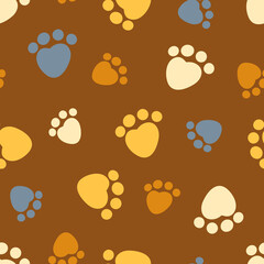 Naklejka na ściany i meble Seamless pattern bear footprints. Vector cute illustration animal foot prints on brown background. For fabric, print, textile, kids decor room, background, wallpaper